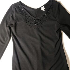 Embellished Black Long-Sleeve V-Neck Top